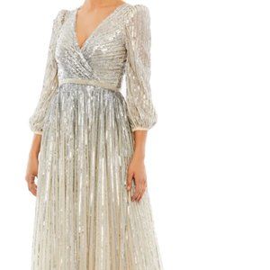 MAC DUGGAL 5509 SEQUIN 3/4 BISHOP SLEEVE SILVER NUDE GOWN sz 12